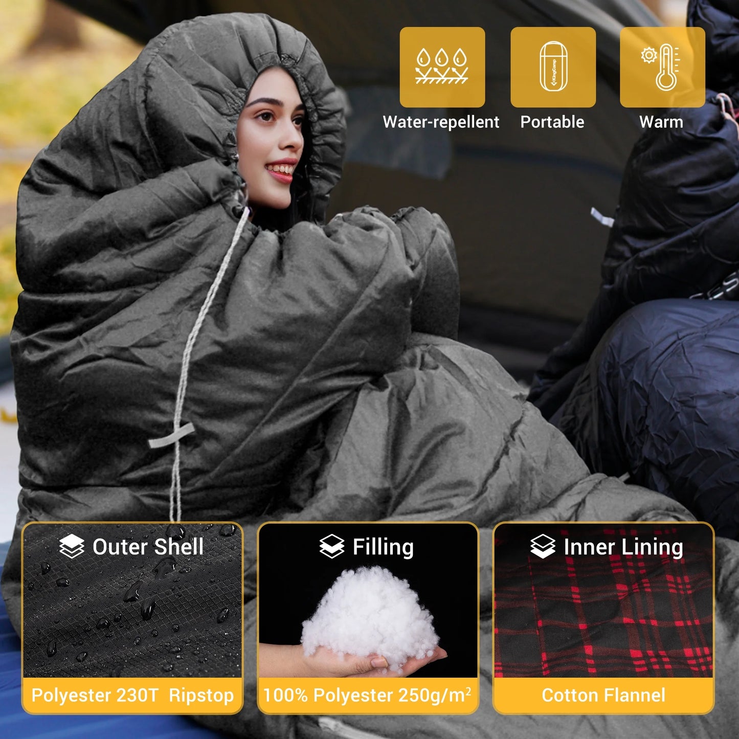 XL Adult Sleeping Bag - Big & Tall Design with Flannel Lining, 17.6℉-54℉ 3-Season Comfort for Camping & Backpacking, Lightweight, Weatherproof (Black)