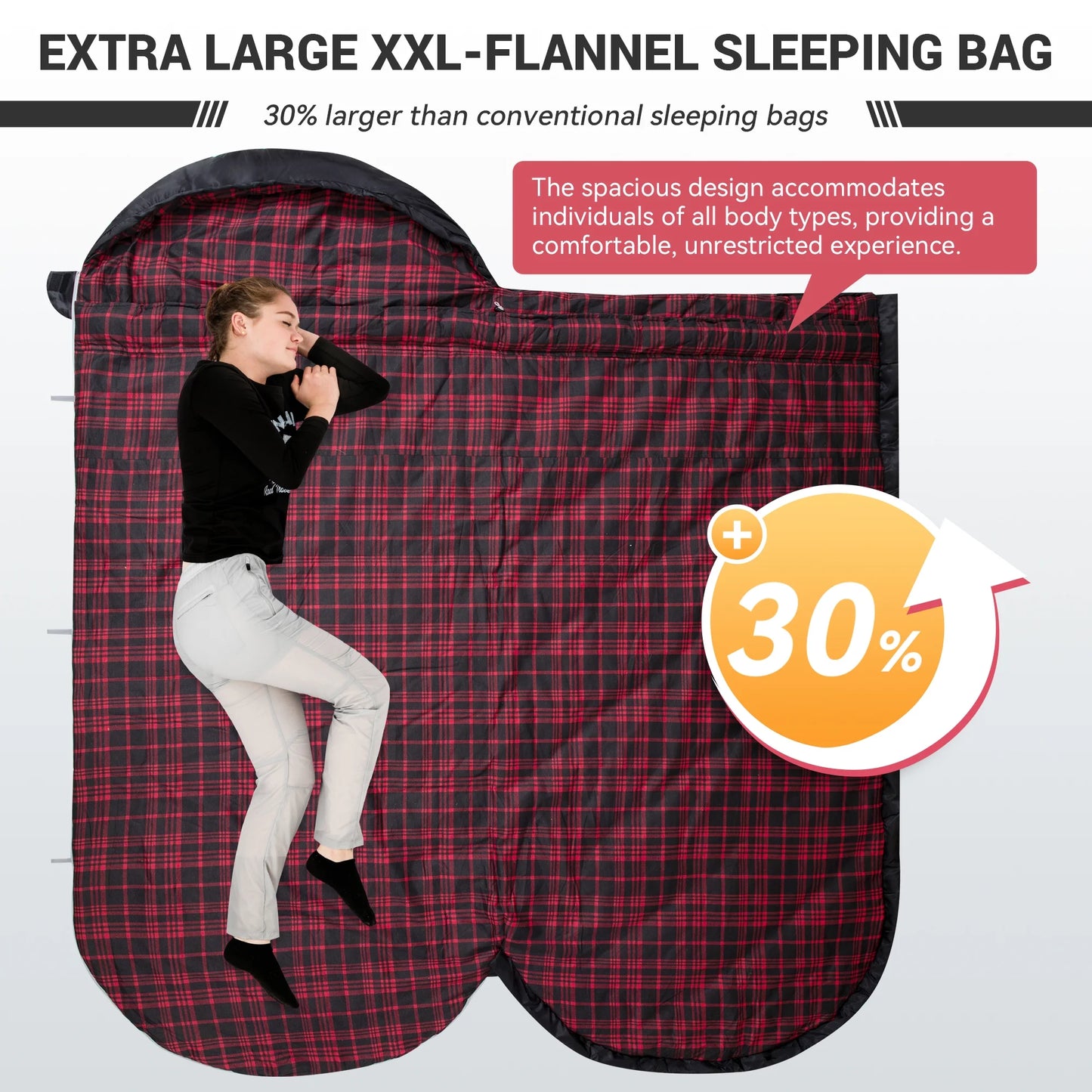 XL Adult Sleeping Bag - Big & Tall Design with Flannel Lining, 17.6℉-54℉ 3-Season Comfort for Camping & Backpacking, Lightweight, Weatherproof (Black)