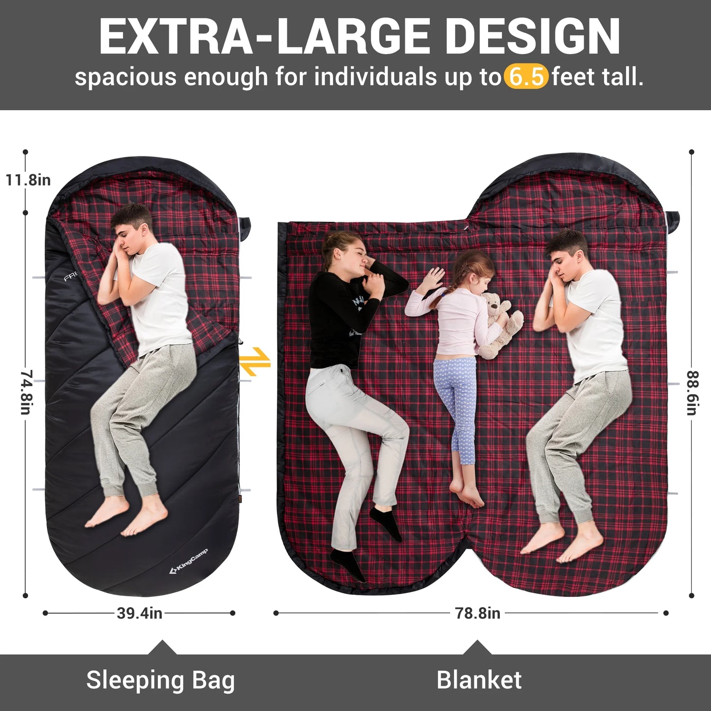 XL Adult Sleeping Bag - Big & Tall Design with Flannel Lining, 17.6℉-54℉ 3-Season Comfort for Camping & Backpacking, Lightweight, Weatherproof (Black)