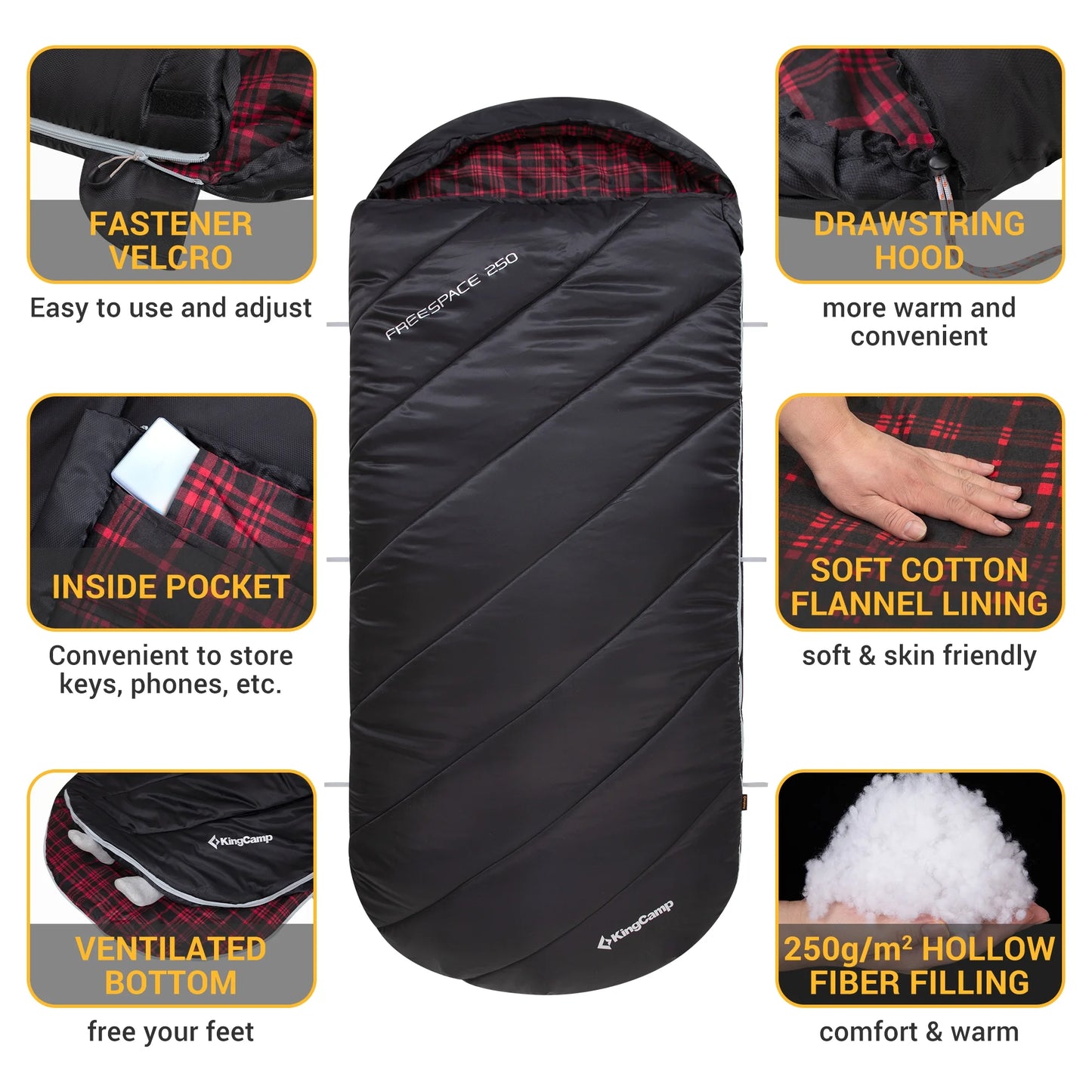 XL Adult Sleeping Bag - Big & Tall Design with Flannel Lining, 17.6℉-54℉ 3-Season Comfort for Camping & Backpacking, Lightweight, Weatherproof (Black)