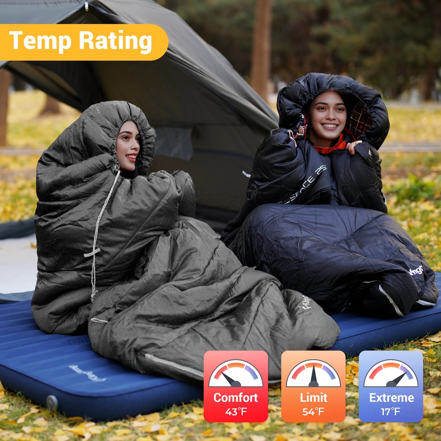 XL Adult Sleeping Bag - Big & Tall Design with Flannel Lining, 17.6℉-54℉ 3-Season Comfort for Camping & Backpacking, Lightweight, Weatherproof (Black)