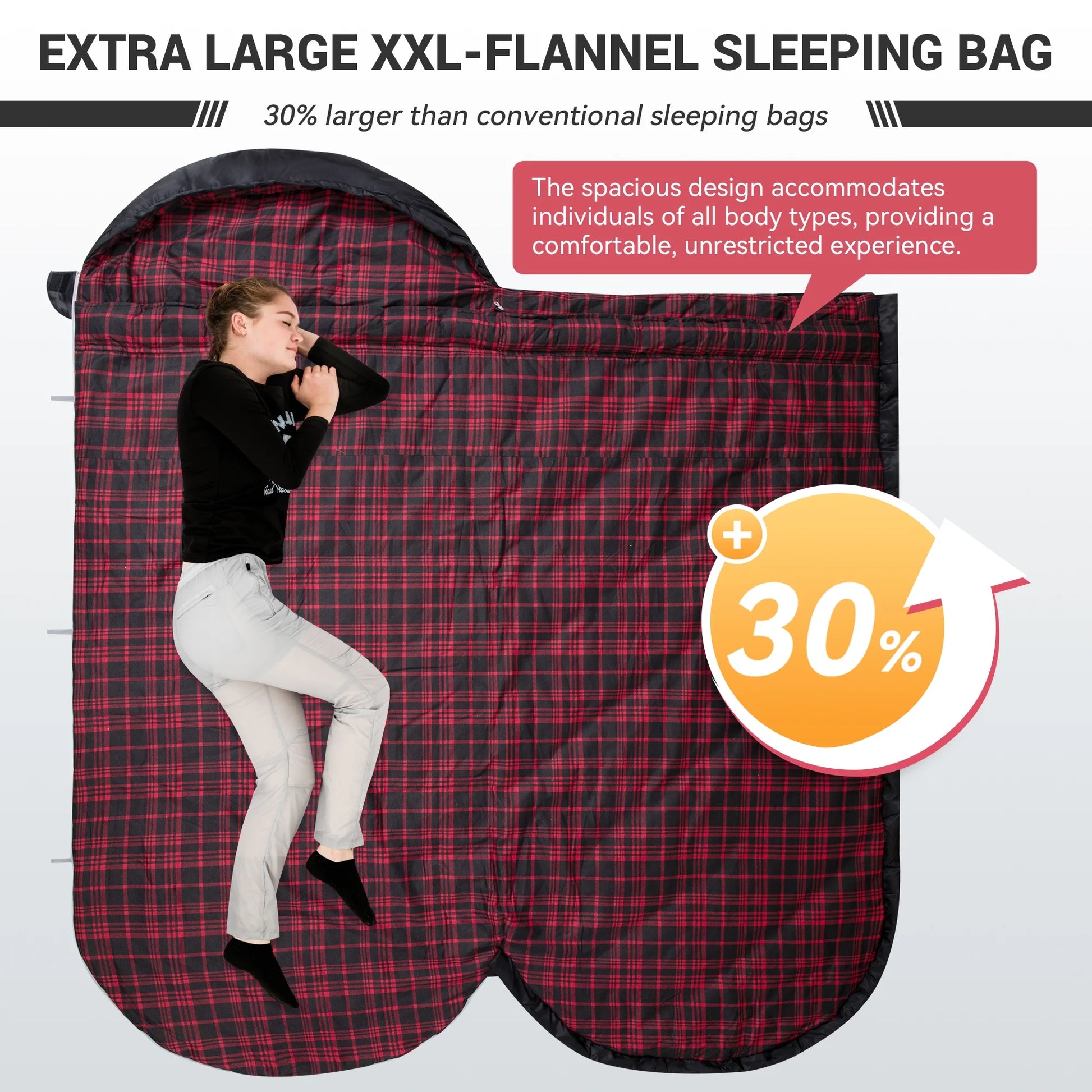 XL Adult Sleeping Bag - Big & Tall Design with Flannel Lining, 17.6℉-54℉ 3-Season Comfort for Camping & Backpacking, Lightweight, Weatherproof (Black)